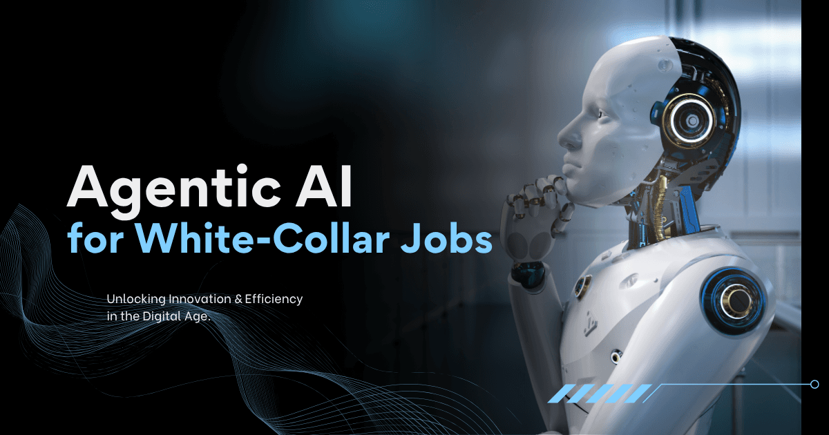 Profile view of a sleek white robot thinking, with text overlaying "Agentic AI for White-Collar Jobs."