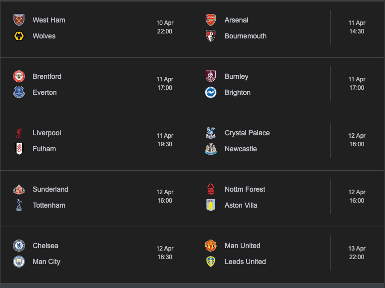 A schedule of Premier League football fixtures from April 10 to April 13, including matchups like Chelsea vs. Man City and Man United vs. Leeds United.